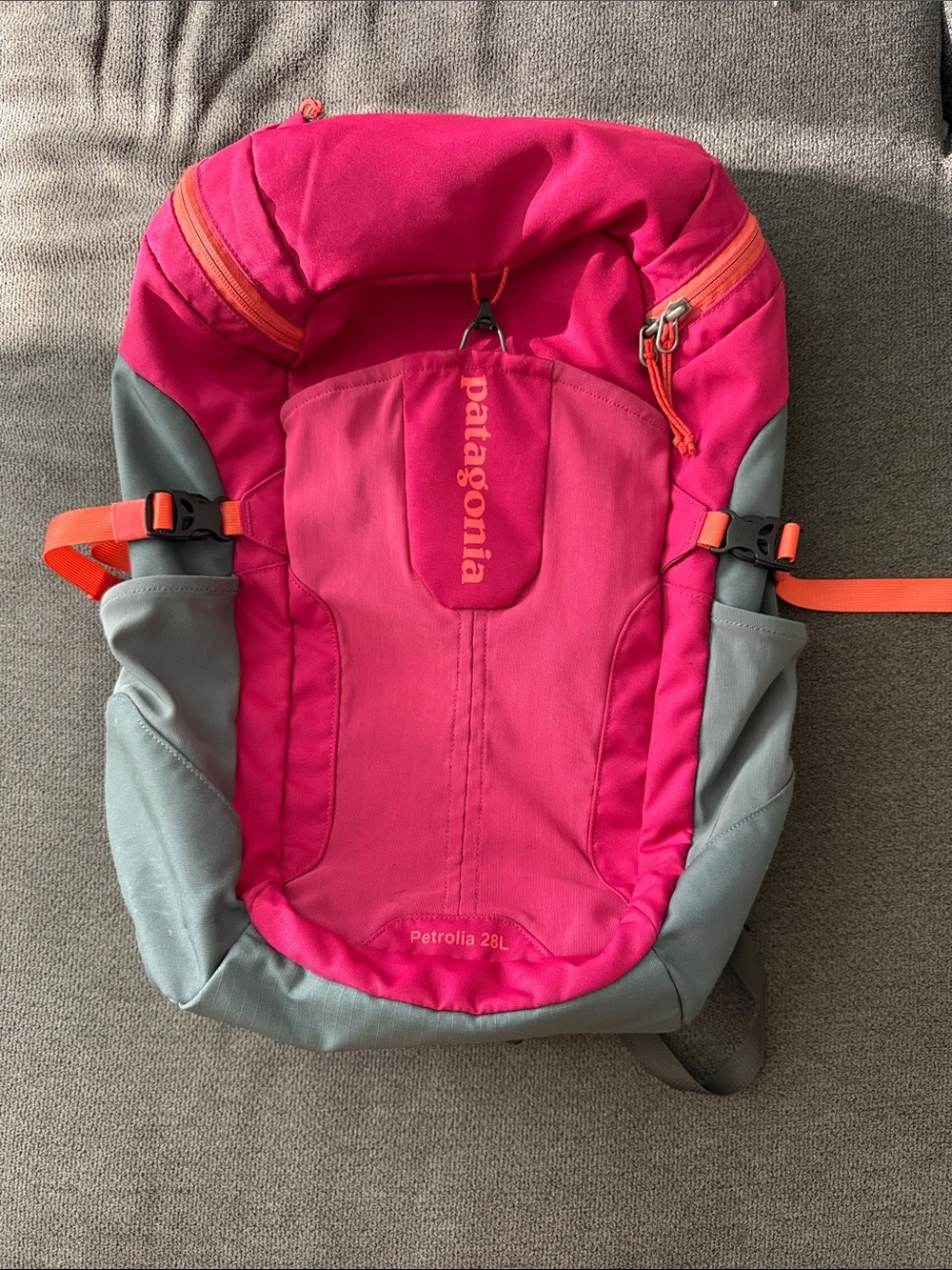 Patagonia Backpack in Bright Pink and Gray with Orange Accents